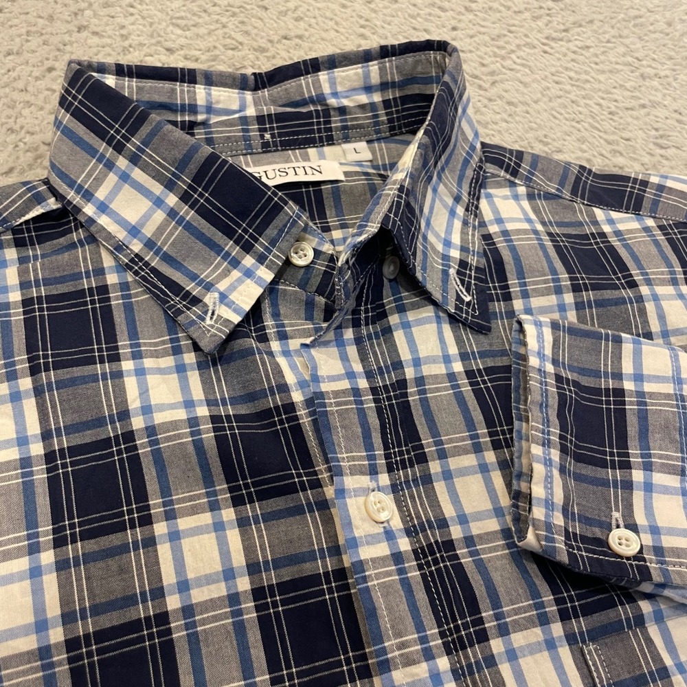 Gustin Button Down Shirt Mens Large Blue Plaid Pocket Cotton USA Lightweight